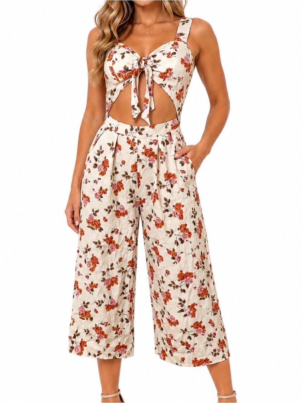 ASOS Floral Tie-Shoulder Wide-Leg Jumpsuit - Cream with Rust Floral SZ 4 (SM)